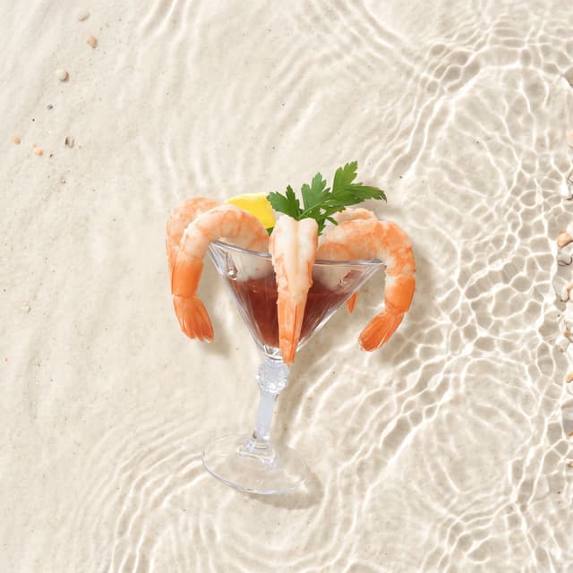Classic shrimp cocktail martini glass cocktail sauce lemon — shrimp cocktail card photography