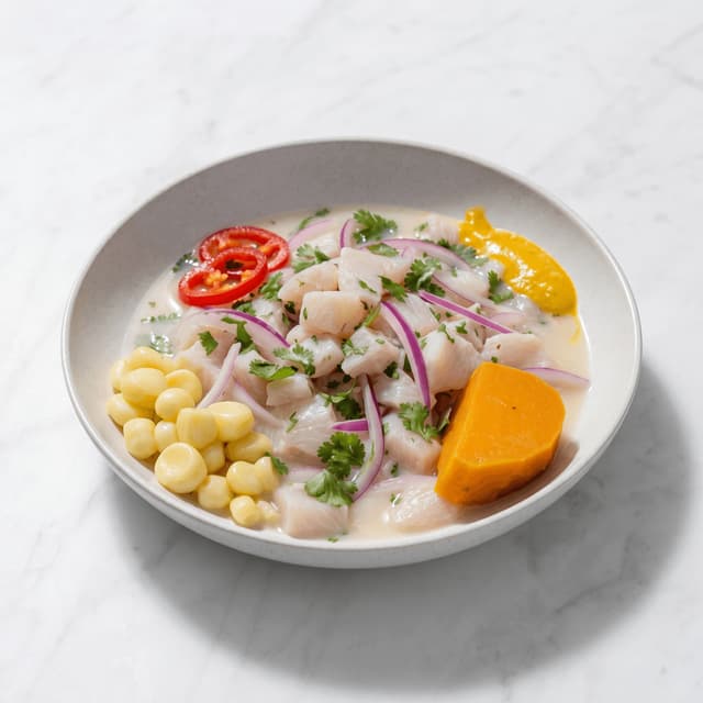 Sea bass ceviche leche de tigre sweet potato choclo — Peruvian ceviche card photography