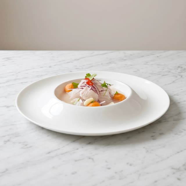 Peruvian shrimp ceviche bowl red onion lime cilantro — fresh ceviche hero photography