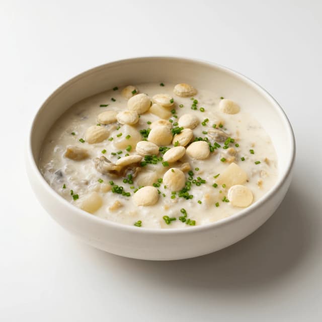 New England clam chowder bowl oyster crackers chives — seafood soup hero photography