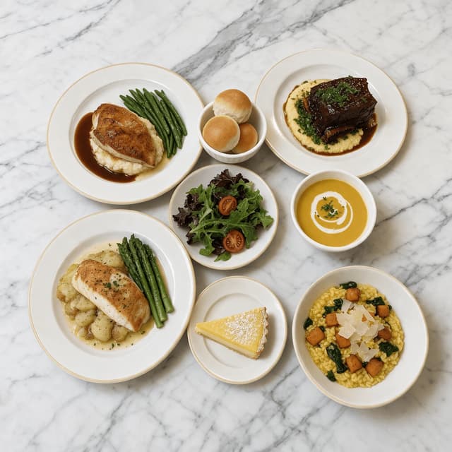 Overzicht van bovenaf van vier opgemaakte hoofdgerechten, waaronder geroosterde kip, gestoofde short rib, gebakken kabeljauw en een vegetarische risotto