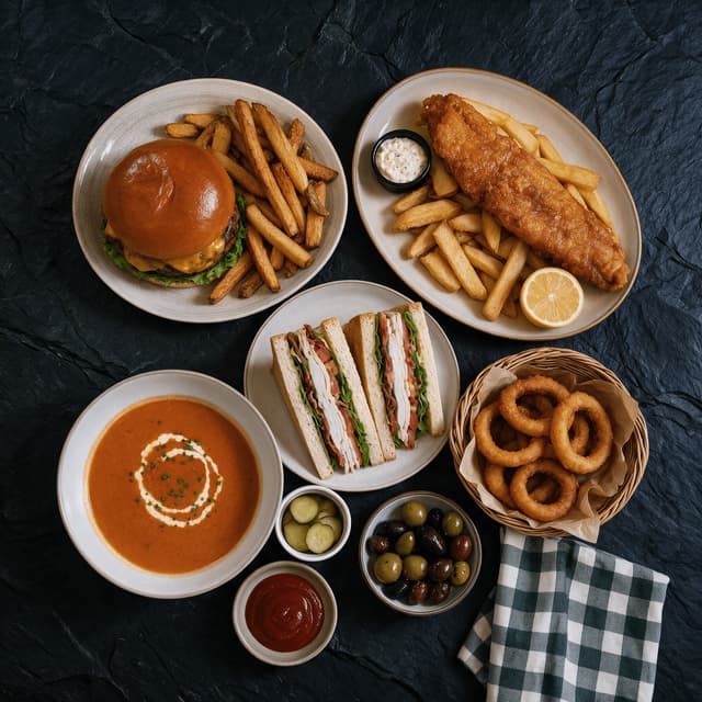 Informele bistrotafel met een cheeseburger, fish and chips, een clubsandwich, tomatensoep en een mandje uienringen