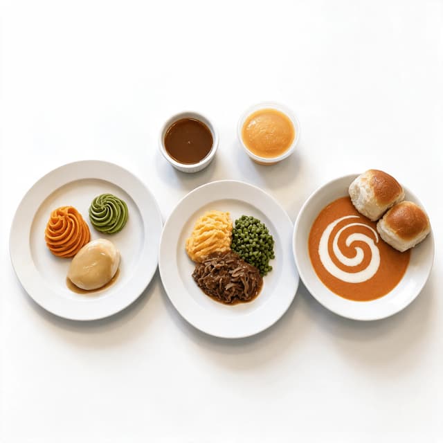 Set van drie maaltijden met aangepaste consistentie met gespoten, gevormde puree, gemalen en smeuïge porties en een gebonden soep op witte borden