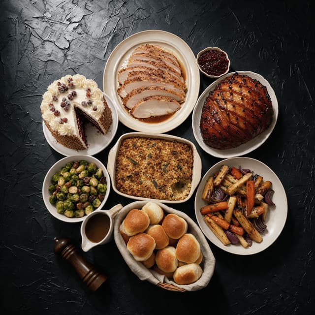 Feestelijk diner met een gesneden gebraad, geglazuurde ham, geroosterde groenten, vulling en een versierde feesttaart