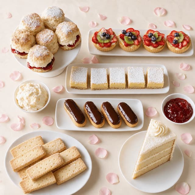High tea van bovenaf met scones, fruittaartjes, citroenrepen, mini-eclairs, zandkoekjes en een punt laagjestaart