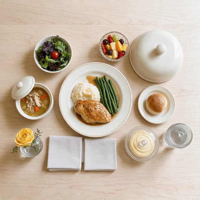 Complete maaltijdset voor in het appartement met het hoofdgerecht onafgedekt naast de cloche, soep, bijgerechtsalade, fruitbakje, dessert en een broodje