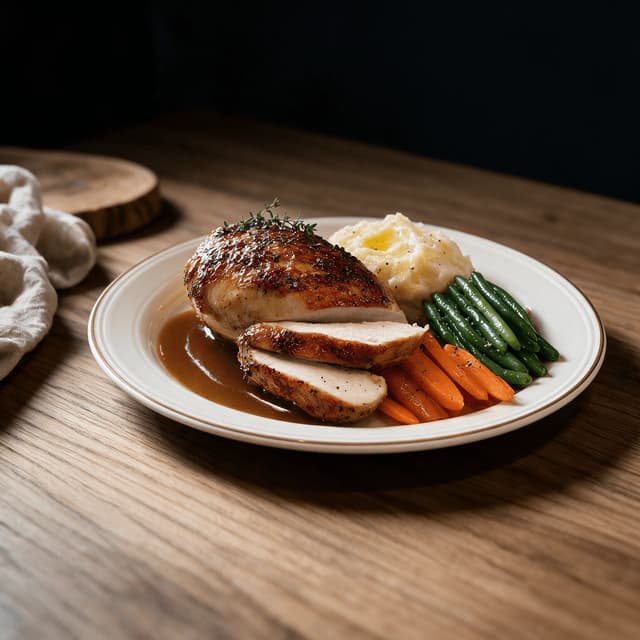 Eén geroosterde kipfilet met glanzende jus, boterzachte aardappelpuree en sperziebonen op een warm ivoorkleurig bord