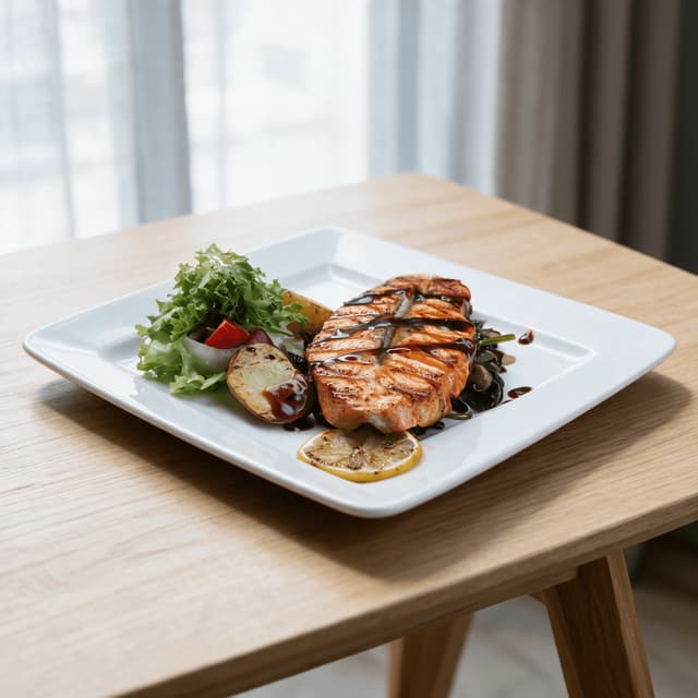 Eén zalmfilet met kruidenkorst, citroen, geroosterde asperges en quinoa op een licht keramisch bord