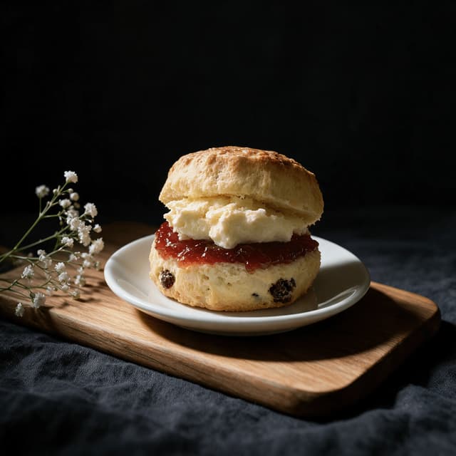 Eén opengesneden roomscone met aardbeienjam en dikke clotted cream op een klein theebordje