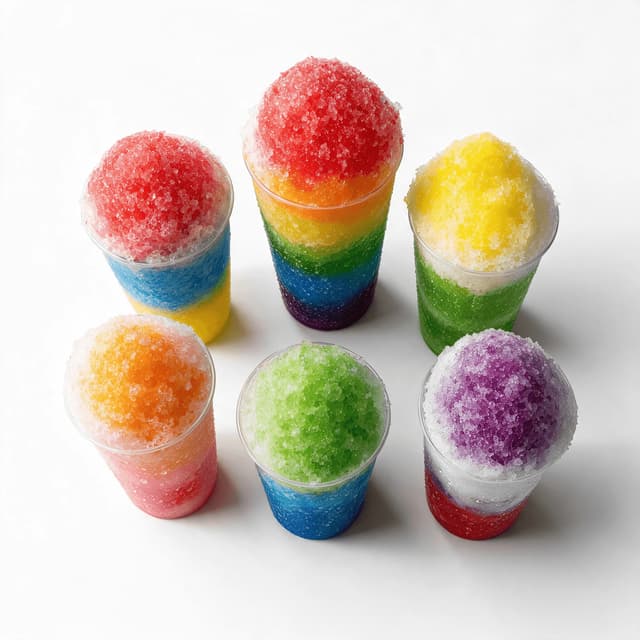 Six tall clear cups of shaved ice, each layered in a different bright rainbow syrup combination