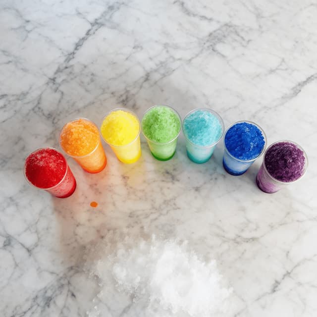 Row of seven single-flavour shaved ice cups arranged as a colour spectrum from red through green and blue to purple