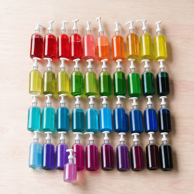 Overhead grid of dozens of unlabelled syrup bottles in every colour laid out in neat rows as a flavour wall
