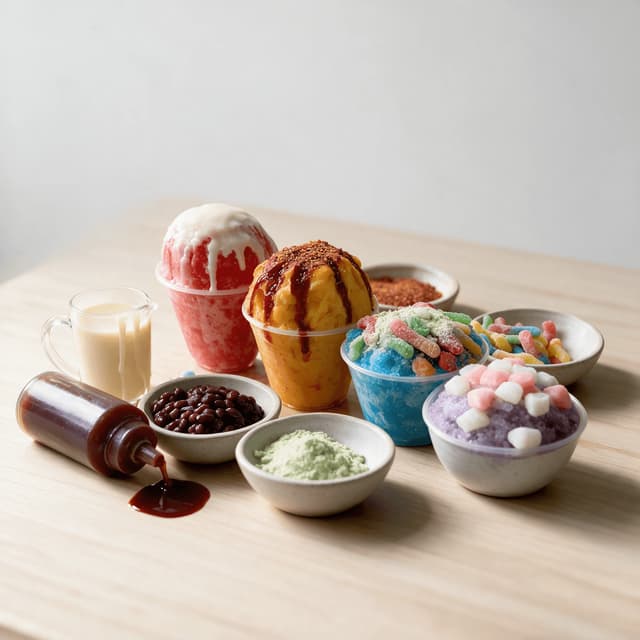 Spread of topped shaved ice cups surrounded by small bowls of gummies, chamoy, chili-lime salt and condensed milk