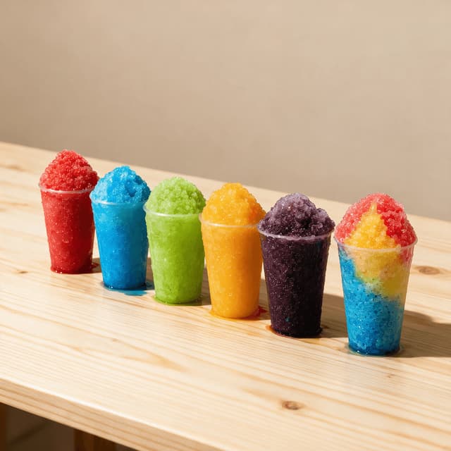 Six finished cups of shaved ice in different colours lined along a stand's wooden counter ledge in warm daylight