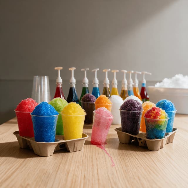 Two carry trays of bright shaved ice cups set out for an event, with a row of syrup pumps and a stack of clean cups behind