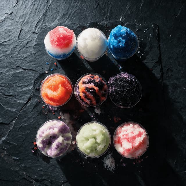 Overhead group of shaved ice cups in seasonal palettes including red white and blue, orange and black, and pastel spring shades