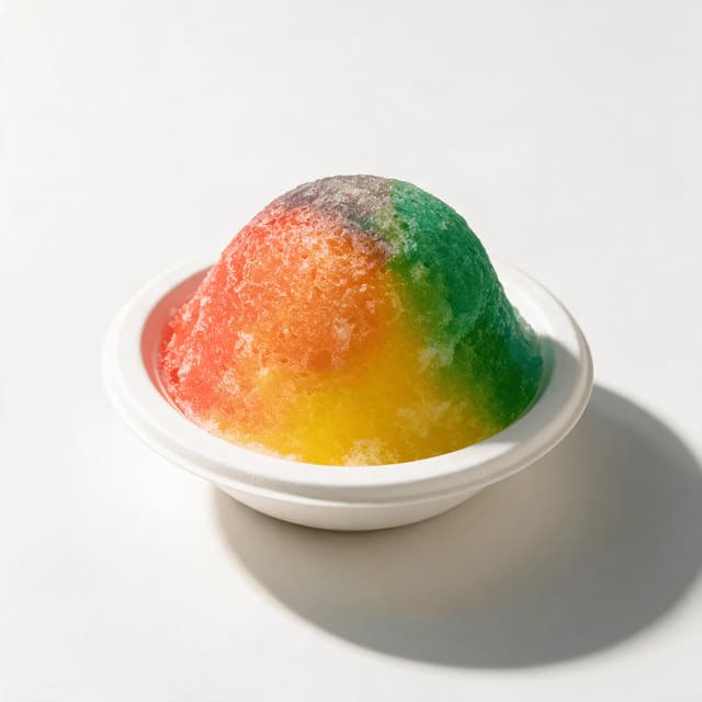 Rainbow shaved ice dome in a plain white shave-ice bowl, banded red, orange, yellow, green and violet