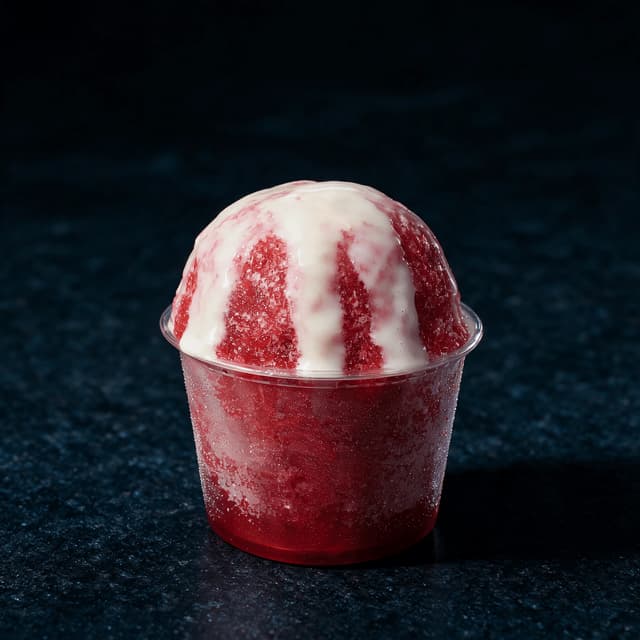 Deep red shave ice cup crowned with a thick white condensed milk snow cap running down the dome