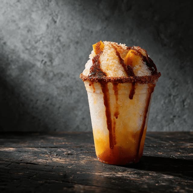 Clear cup of mango shaved ice with a chili-lime salted rim and dark chamoy drizzled down the sides
