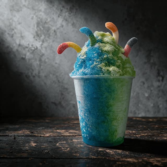 Tall shaved ice cup in blue and green syrup loaded with sour gummy worms and a dusting of sour candy powder