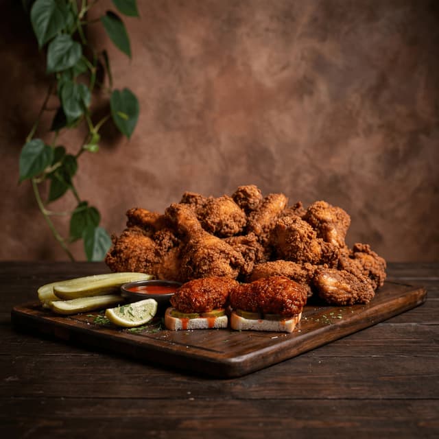 Buttermilk fried chicken golden crust Nashville hot dramatic rustic — fried chicken card photography
