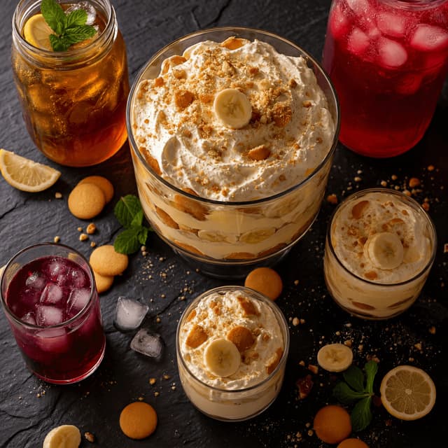 Banana pudding vanilla wafer sweet tea kool-aid soul food drinks overhead dark slate — banana pudding card photography