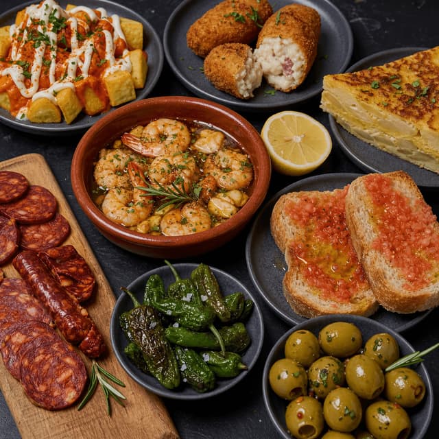 Spanish tapas small plates spread patatas bravas croquetas dark monolith dramatic — tapas card photography