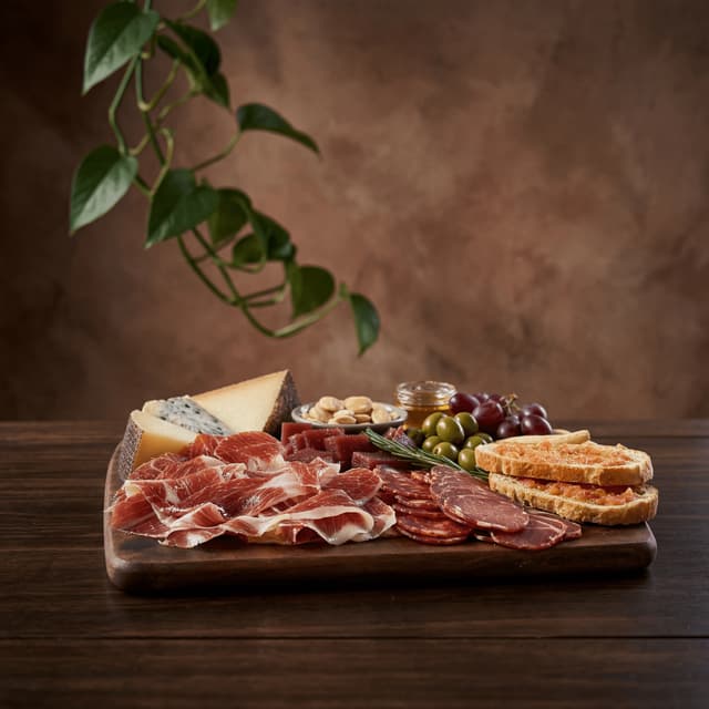 Jamon iberico sliced manchego idiazabal quince paste dramatic rustic board — jamon cheese card photography