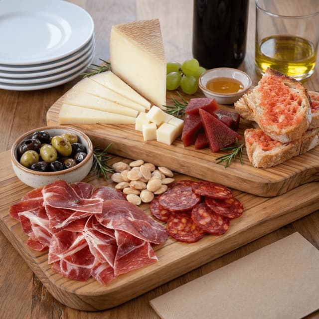 Jamon iberico sliced manchego cheese quince paste board charcuterie — jamon hero photography