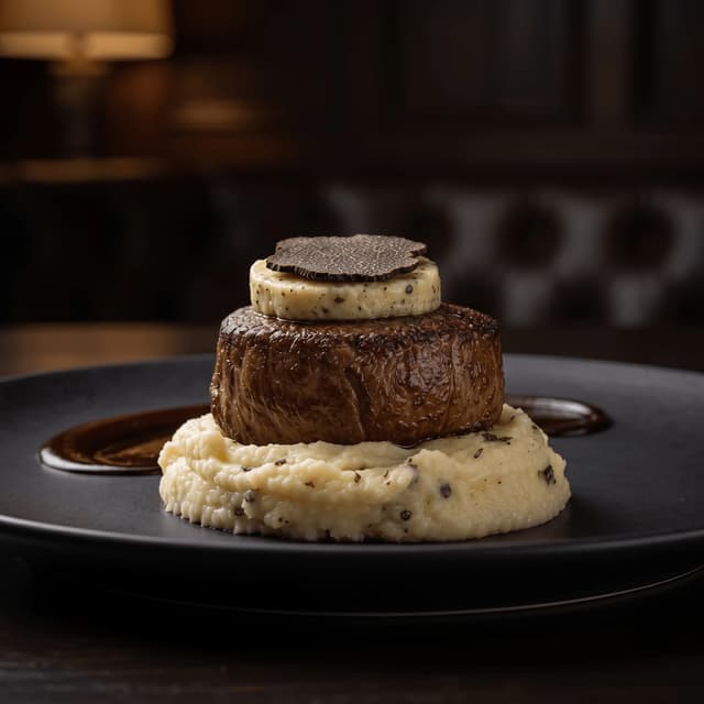 Filet mignon truffle bordelaise mashed potato fine dining — filet mignon card photography