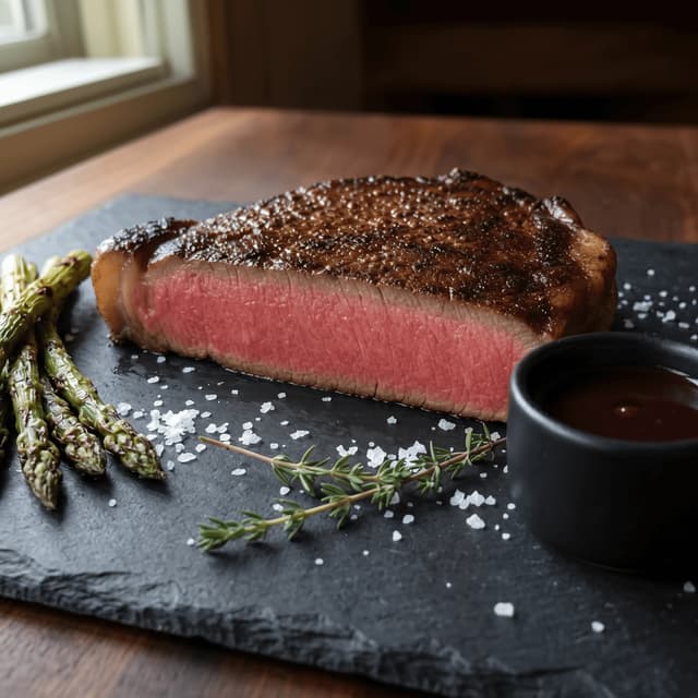 Reverse sear ribeye cross section sliced medium rare gradient — doneness card photography
