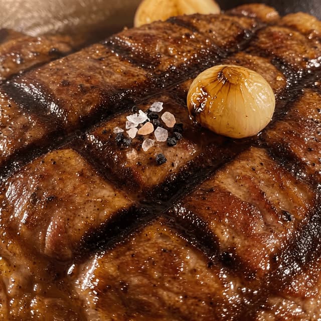 Steak grill mark crust char macro peppercorn sea salt — crust macro card photography