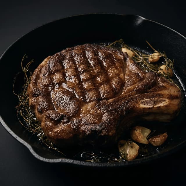 Dry aged ribeye butter basted reverse sear cast iron — steakhouse hero photography