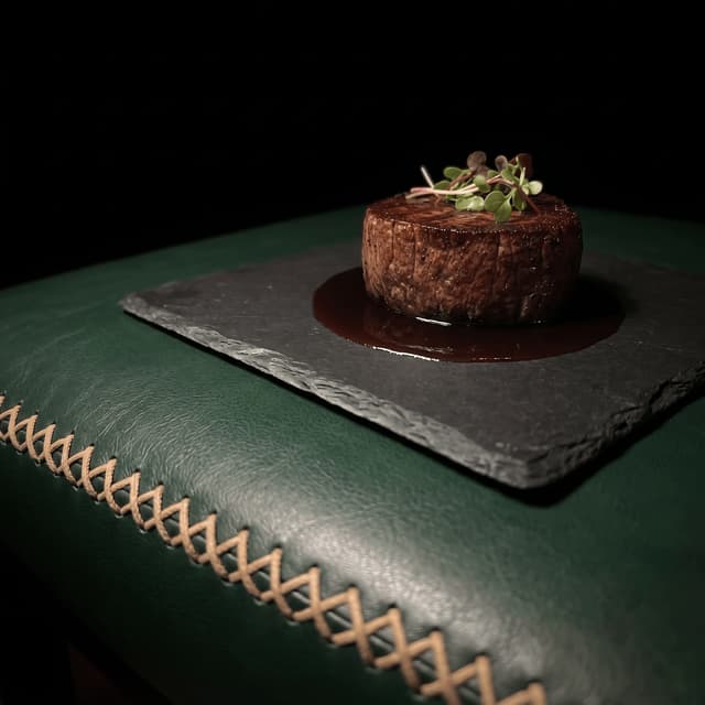 Filet mignon medallion red wine bordelaise truffle — fine dining steakhouse hero photography