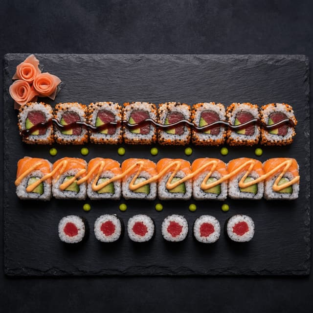 Three maki rolls cross section assorted overhead dark slate — maki cross section card photography