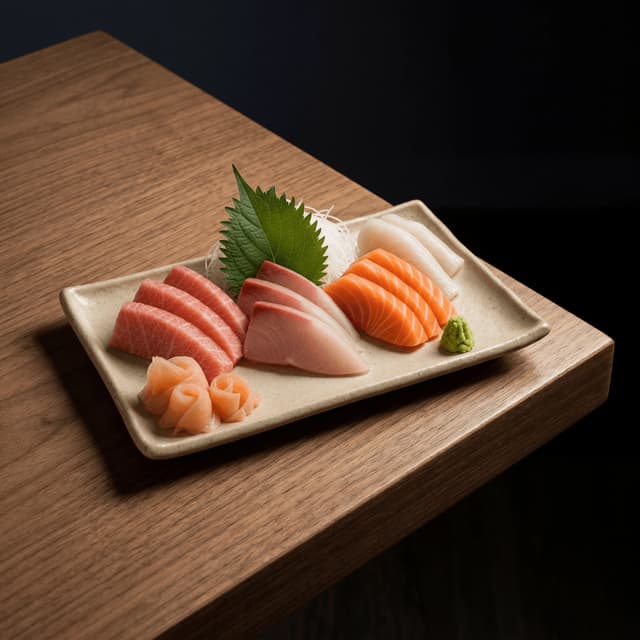Sashimi assorted slices shiso leaf geometric arrangement plate — sashimi knife cut card photography