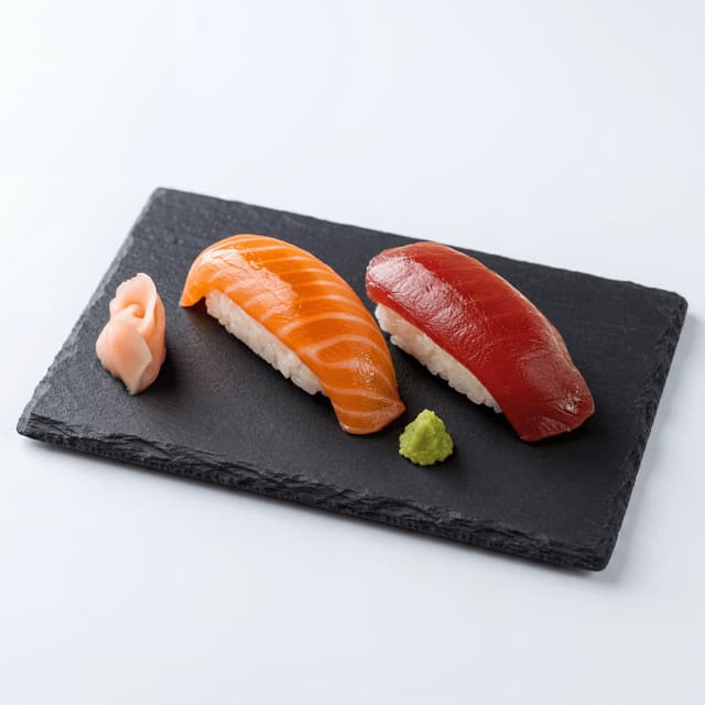 Single salmon nigiri pair plate clean editorial — sushi nigiri hero photography