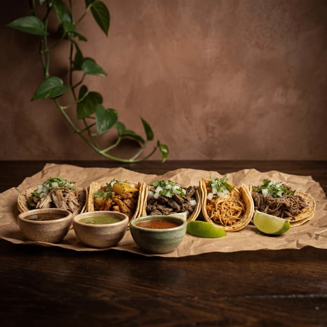 Row five street tacos butcher paper assorted meats dark wood — street taco card photography