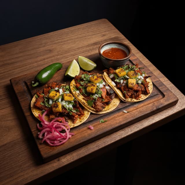 Three al pastor tacos pineapple deep mahogany char dark walnut — al pastor card photography