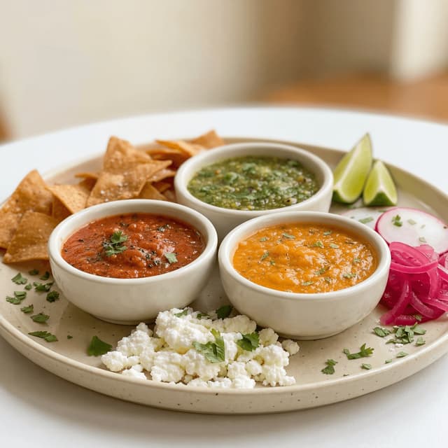 Three salsa ramekins chips lime radish array Mexican fresh — salsa sides card photography