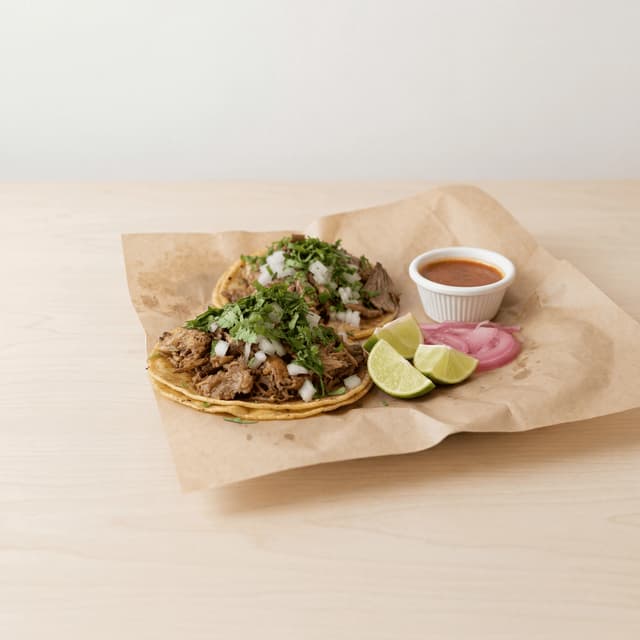 Pair carnitas street tacos butcher paper lime cilantro onion — street taco hero photography