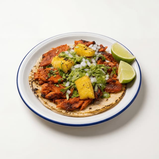 Single al pastor taco pineapple cilantro onion small plate — al pastor taco hero photography