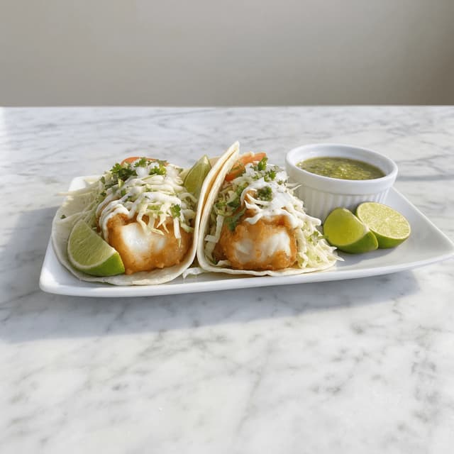 Pair Baja fish tacos cabbage slaw lime crema plate — fish taco hero photography
