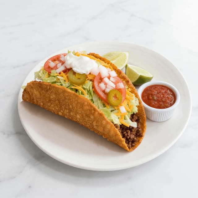 Single hard shell taco lettuce cheese tomato classic Americana — hard shell taco hero photography