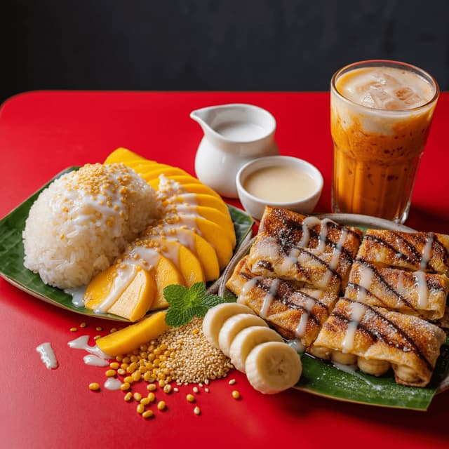 Mango sticky rice, roti με μπανάνα, ταϊλανδέζικα γλυκά με καρύδα και ζαχαρούχο γάλα, red cafe — φωτογραφία κάρτας ταϊλανδέζικου γλυκού