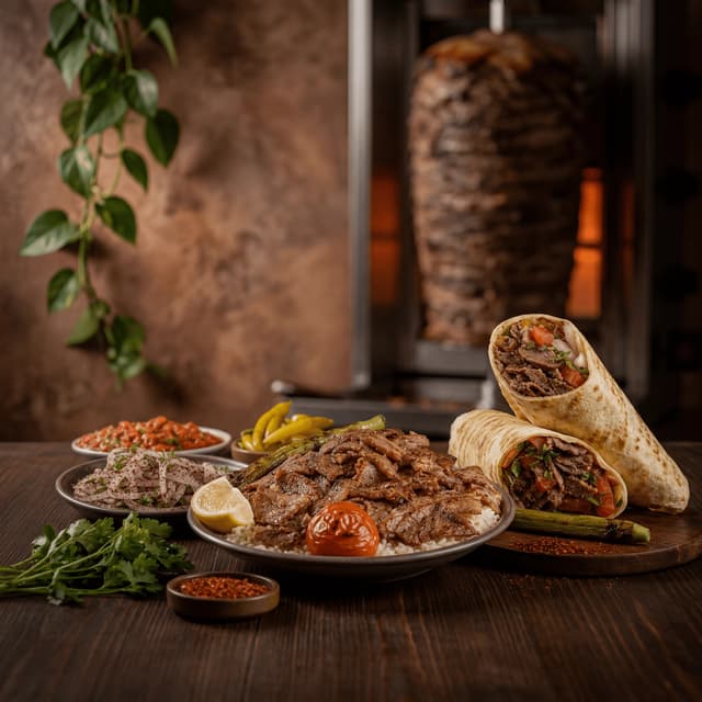 Doner kebab vertical spit shaved meat durum wrap rotisserie rustic dark — doner card photography