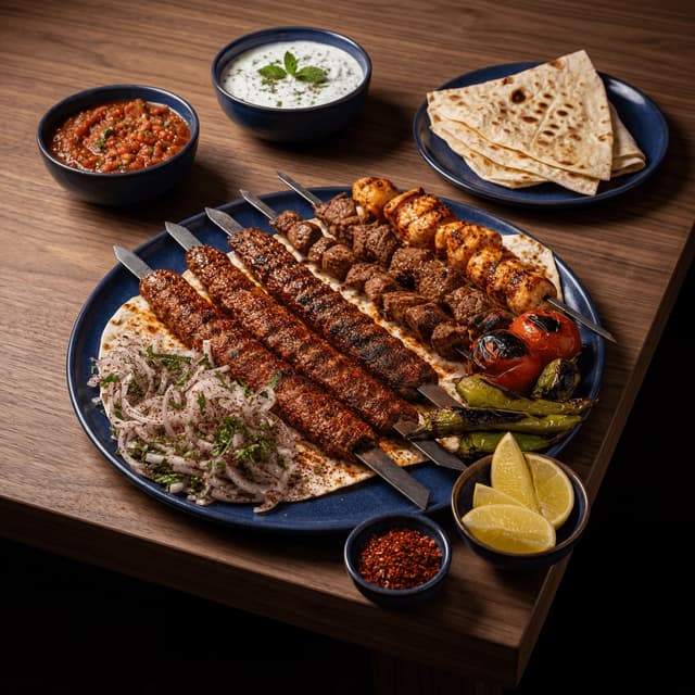 Adana urfa kebab skewers char grilled sumac onions lavash dark walnut board — kebab card photography