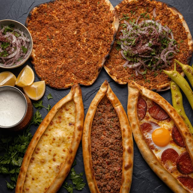 Lahmacun pide turkish flatbread minced meat cheese egg sucuk overhead slate — lahmacun pide card photography