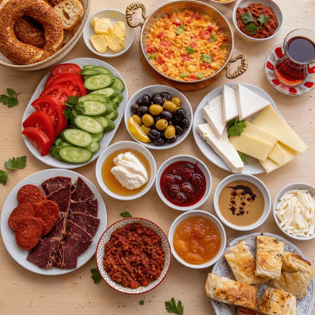 Turkish breakfast kahvalti spread cheeses olives tomato cucumber jam honey menemen overhead light wood — kahvalti card photography