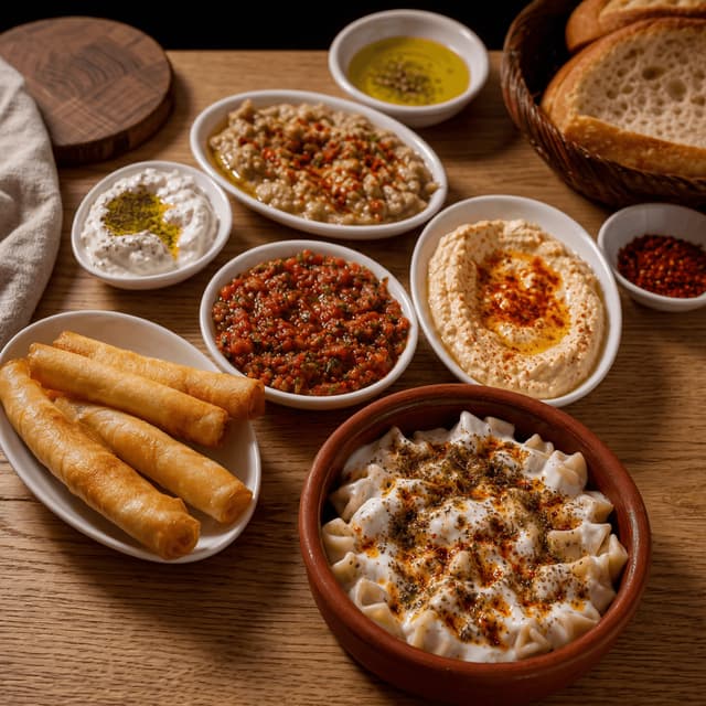 Turkish meze manti haydari hummus dolma yogurt garlic cozy warm wood — meze manti card photography